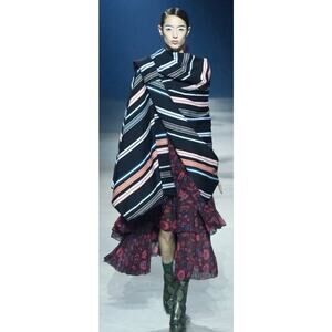 Kenzo RTW 2015 Black Orange White Serape Baja Stripe Wrap Cardigan Sweater Small